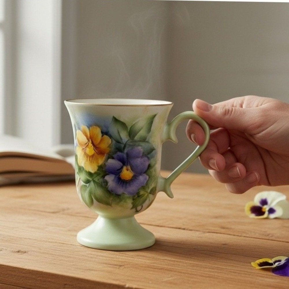 Betty Barnes Hand Painted Floral Porcelain Footed‎ Tea Cup Pansies 4.25"